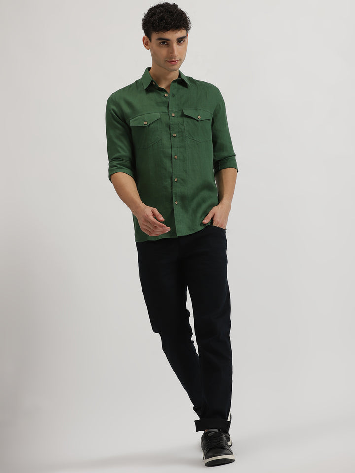 Thomas - Pure Linen Double Pocket Full Sleeve Shirt - Dark Green
