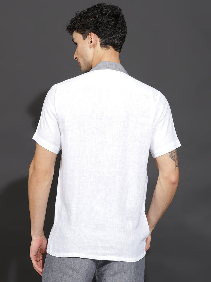Harper - Pure Linen Block Half Sleeve Shirt - White Black & Grey