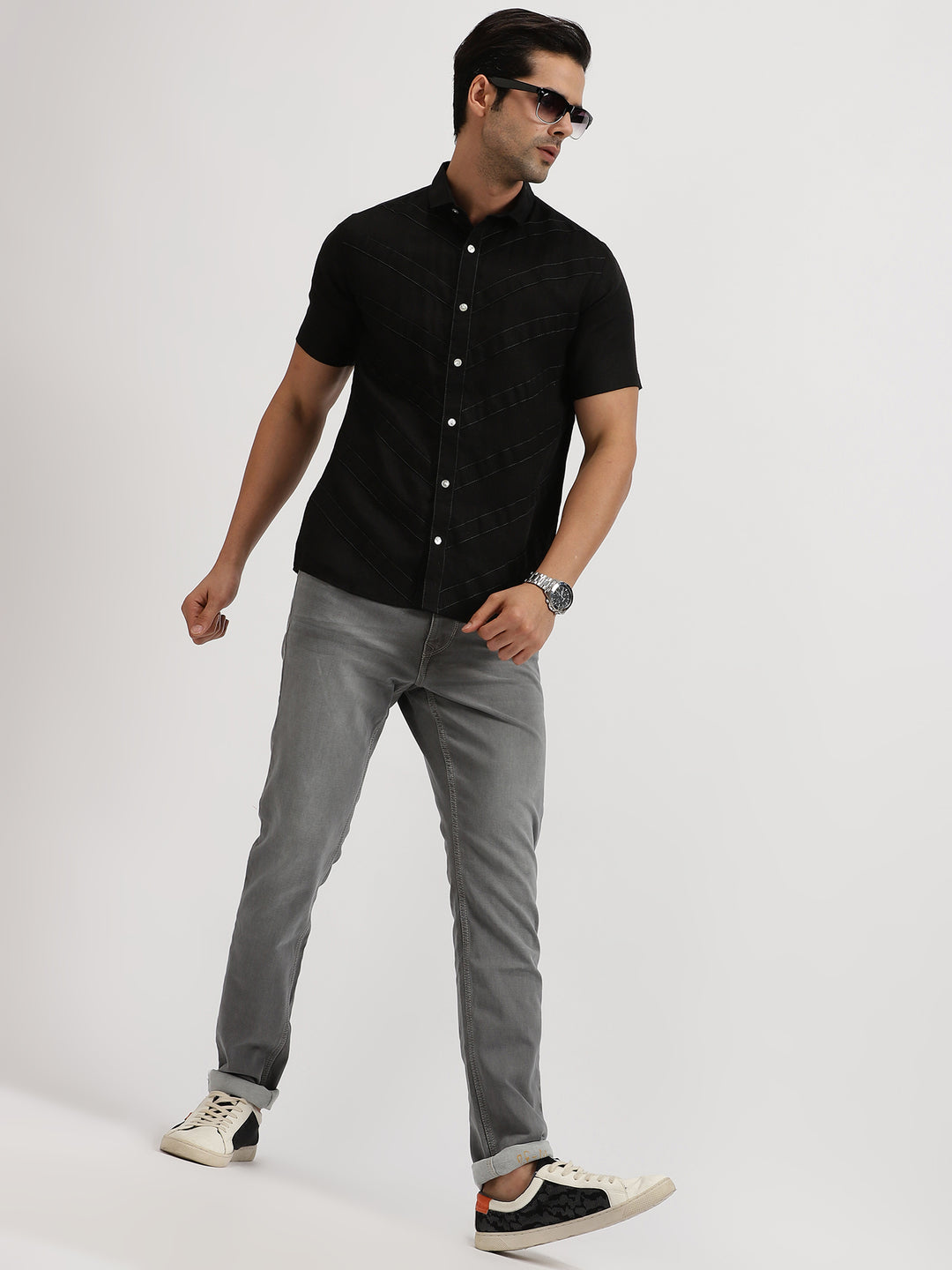 Pierre - Pure Linen Stitch Detailed Half Sleeve Shirt - Black