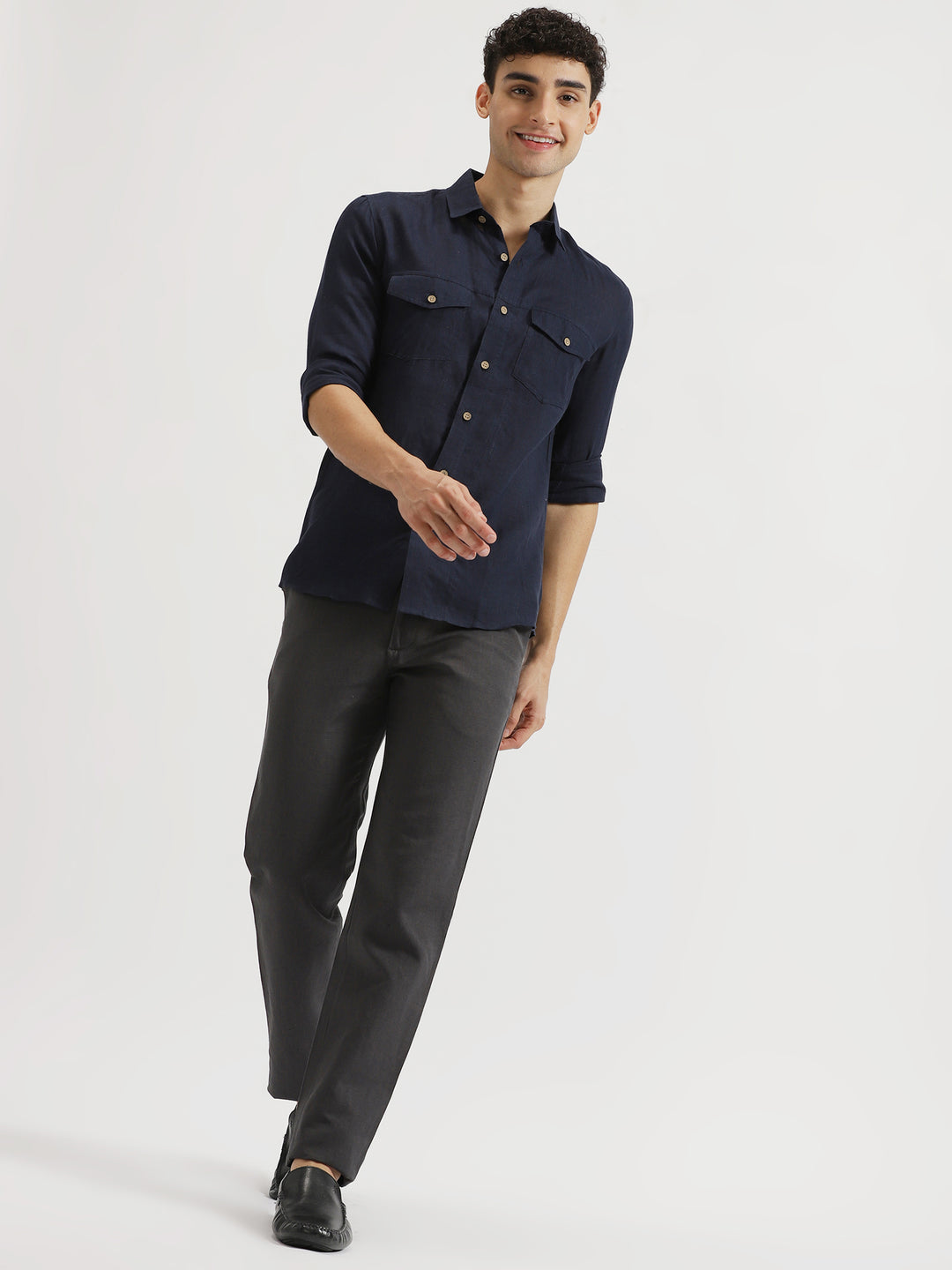 Thomas - Pure Linen Double Pocket Full Sleeve Shirt - Dark Blue