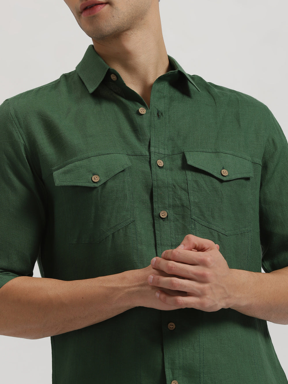 Thomas - Pure Linen Double Pocket Full Sleeve Shirt - Dark Green