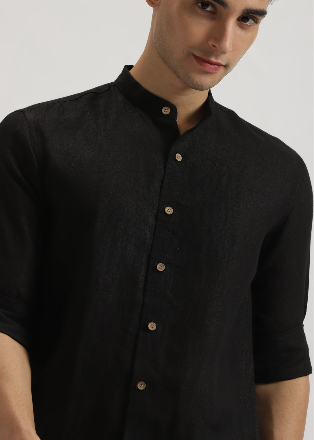 Ronan - Pure Linen Mandarin Collar Full Sleeve Shirt - Black