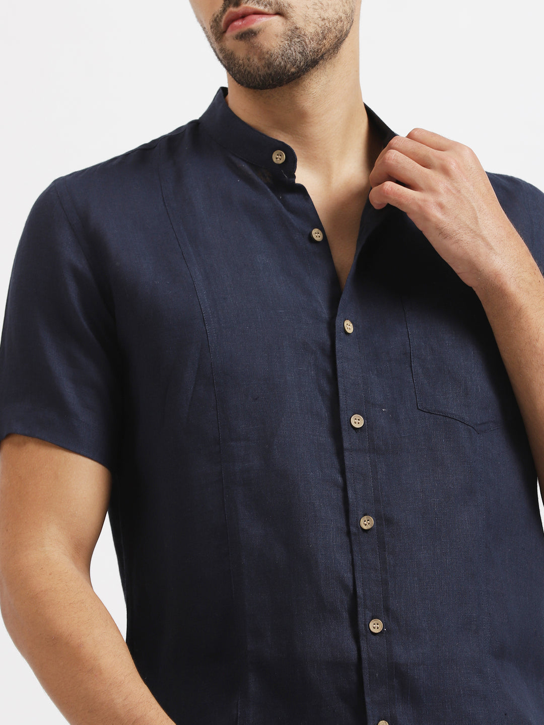 Trevor - Pure Linen Mandarin Collar Half Sleeve Shirt - Dark Blue