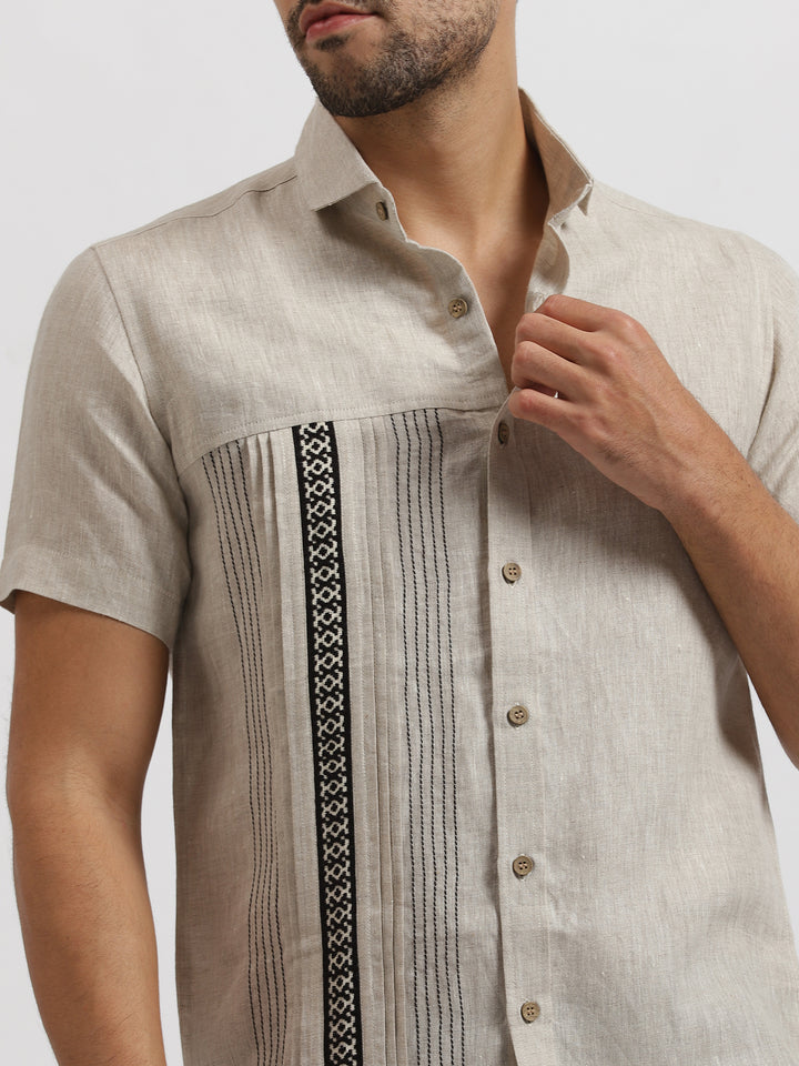 Aryan - Pure Linen Toda Hand-Embroidered Half Sleeve Shirt - Ecru
