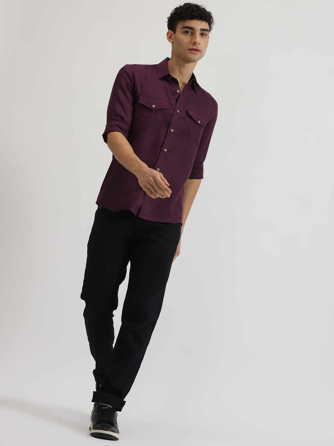 Thomas - Pure Linen Double Pocket Full Sleeve Shirt - Dark Purple