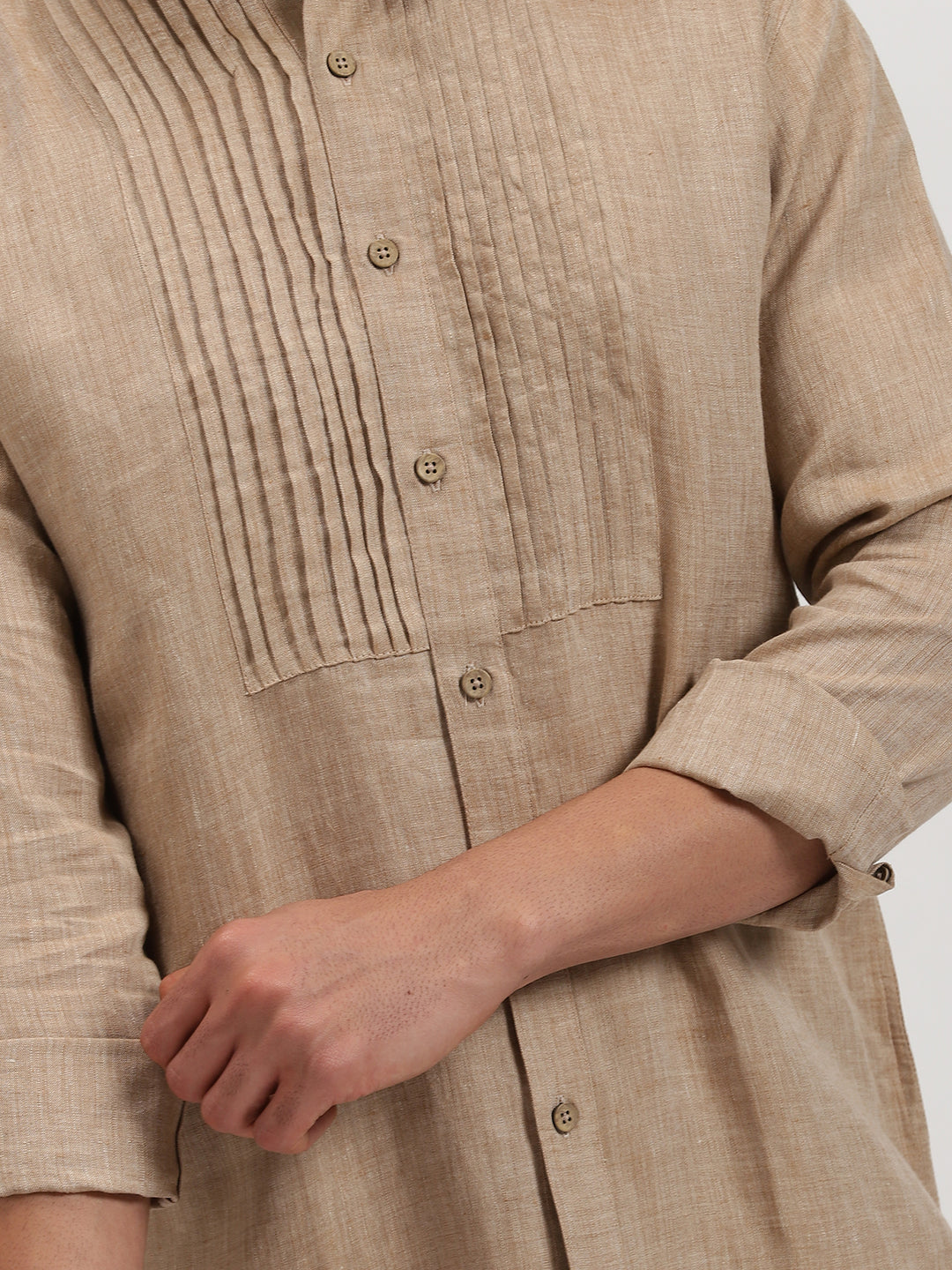 Rickson - Pure Linen Pleat Detailed Full Sleeve Shirt - Mocha