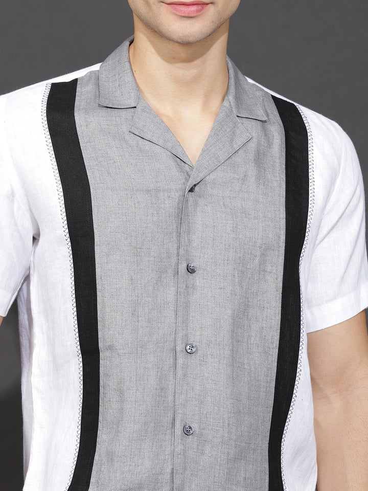 Harper - Pure Linen Block Half Sleeve Shirt - White Black & Grey