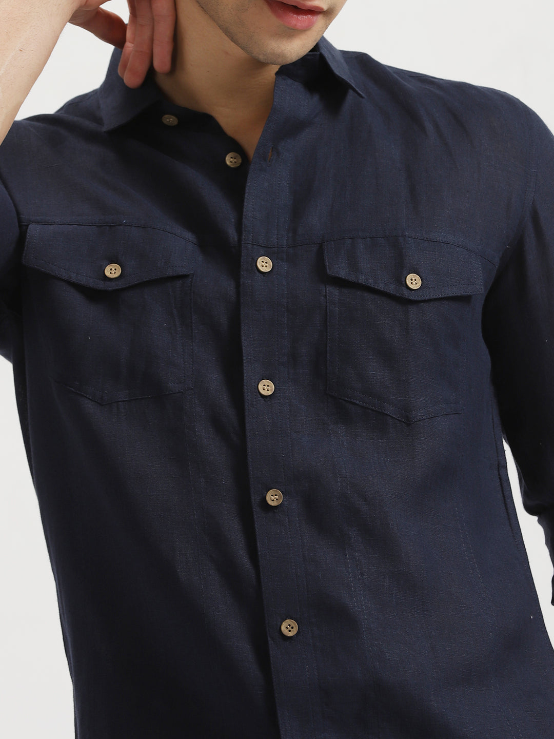 Thomas - Pure Linen Double Pocket Full Sleeve Shirt - Dark Blue