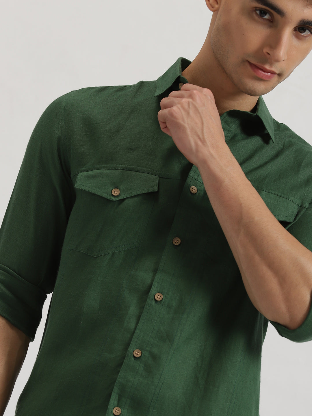 Thomas - Pure Linen Double Pocket Full Sleeve Shirt - Dark Green