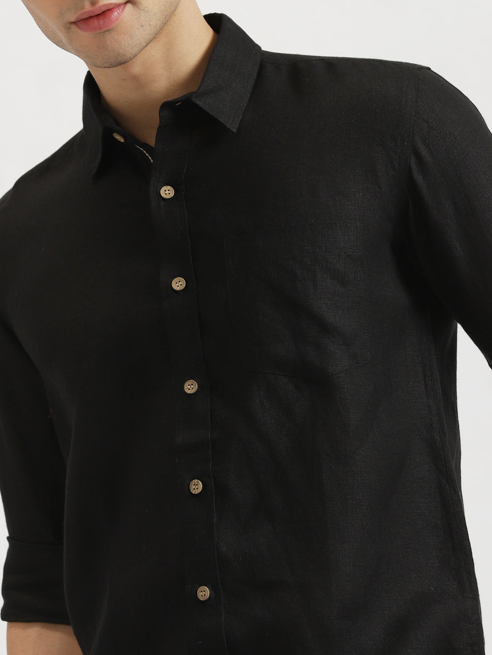 Web - Pure Linen Placket Detailing Full Sleeve Shirt - Black