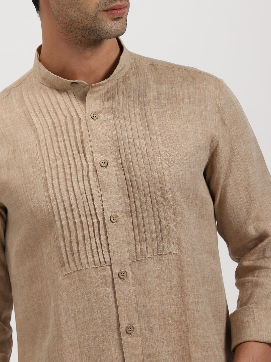 Rickson - Pure Linen Pleat Detailed Full Sleeve Shirt - Mocha