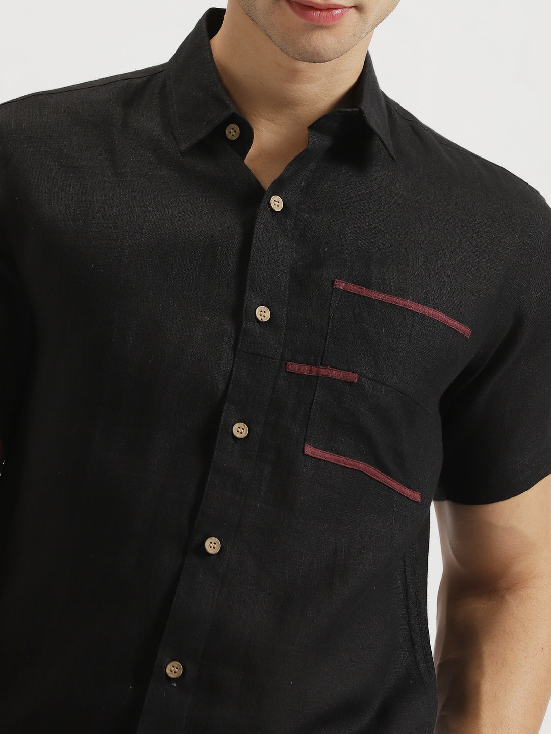 Robert - Pure Linen Pocket Detailed Half Sleeve Shirt - Black