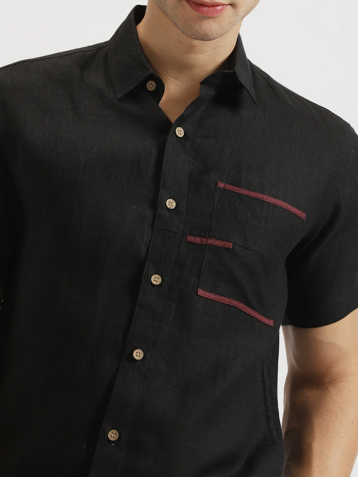 Robert - Pure Linen Pocket Detailed Half Sleeve Shirt - Black