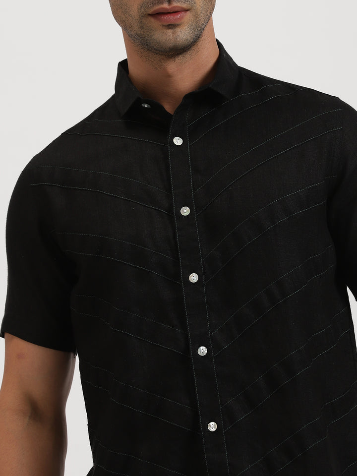 Pierre - Pure Linen Stitch Detailed Half Sleeve Shirt - Black