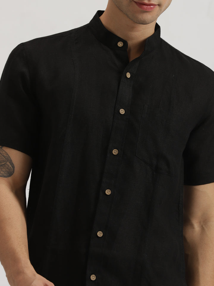 Trevor - Pure Linen Mandarin Collar Half Sleeve Shirt - Black