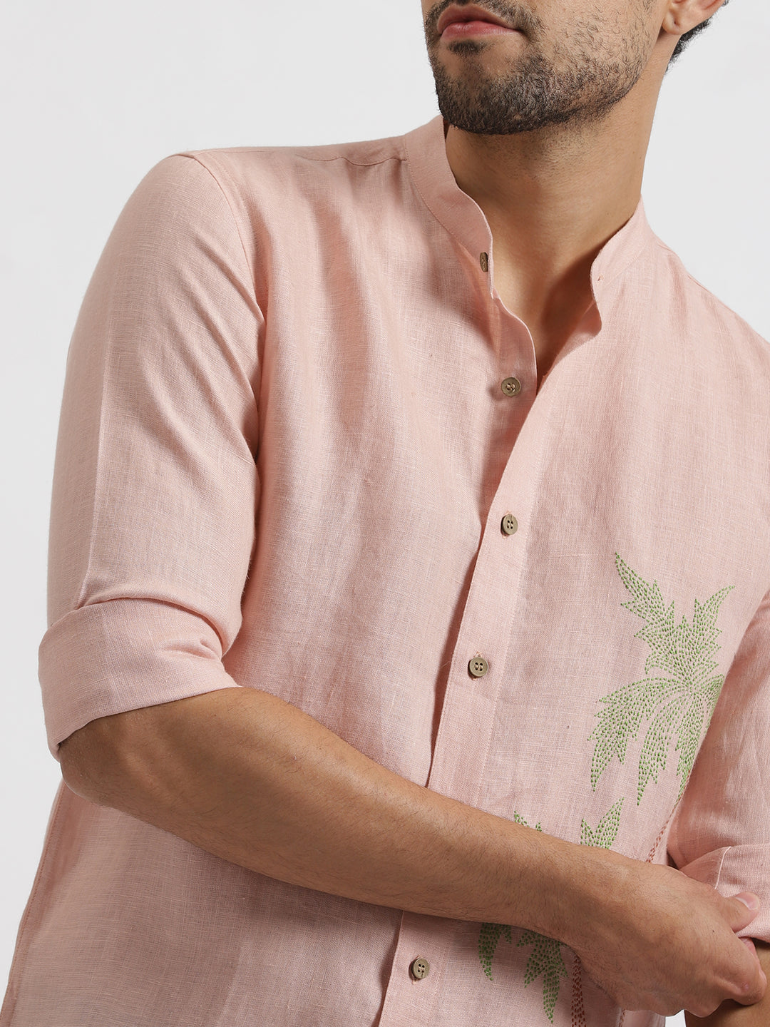 Palm - Pure Linen Hand Embroidered Full Sleeve Shirt - Pink