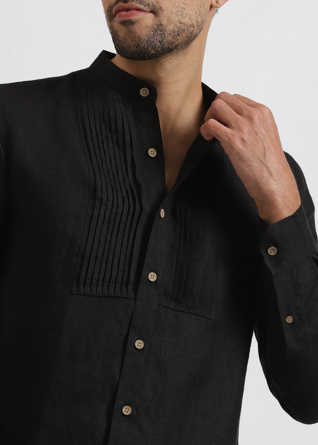 Rickson - Pure Linen Pleat Detailed Full Sleeve Shirt - Black