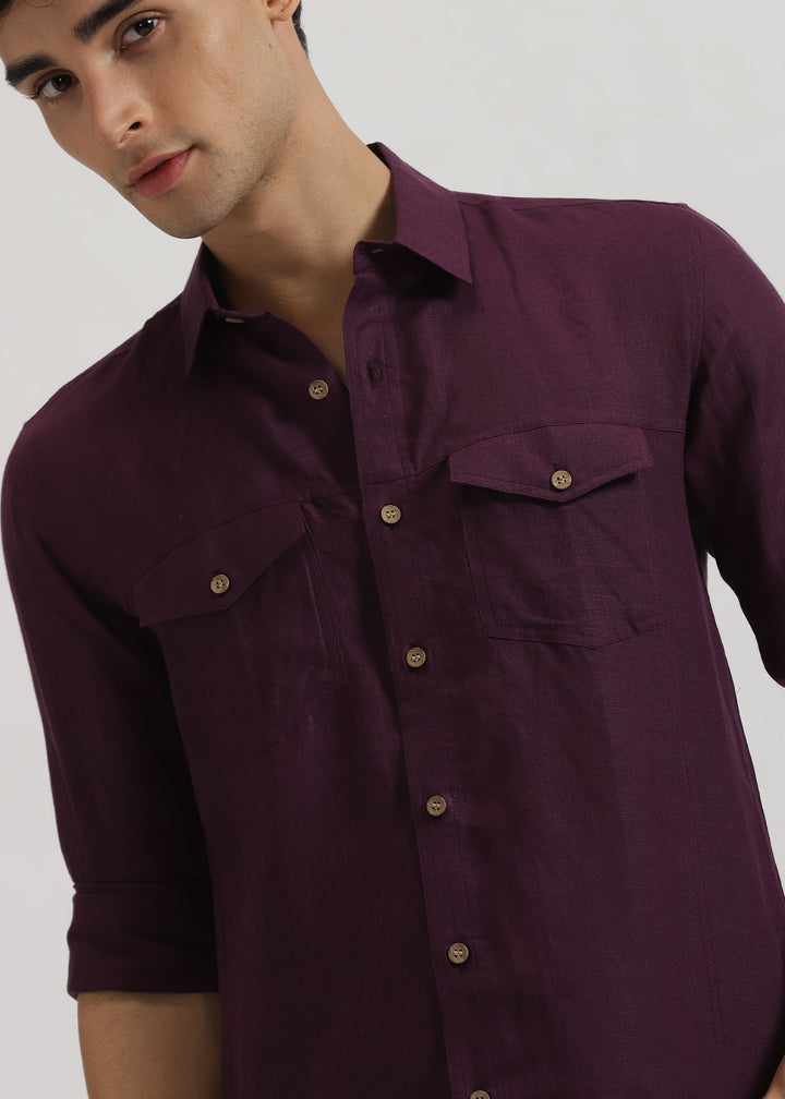 Thomas - Pure Linen Double Pocket Full Sleeve Shirt - Dark Purple
