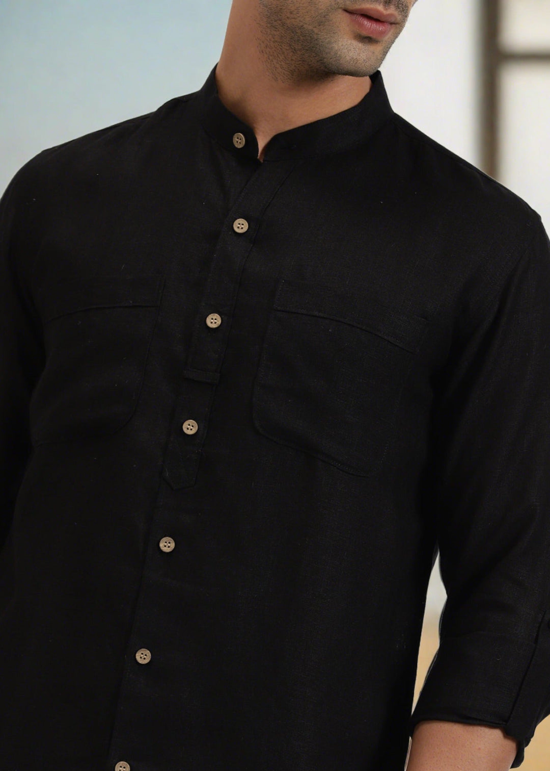 Luca - Pure Linen Double Pocket Full Sleeve Shirt - Black