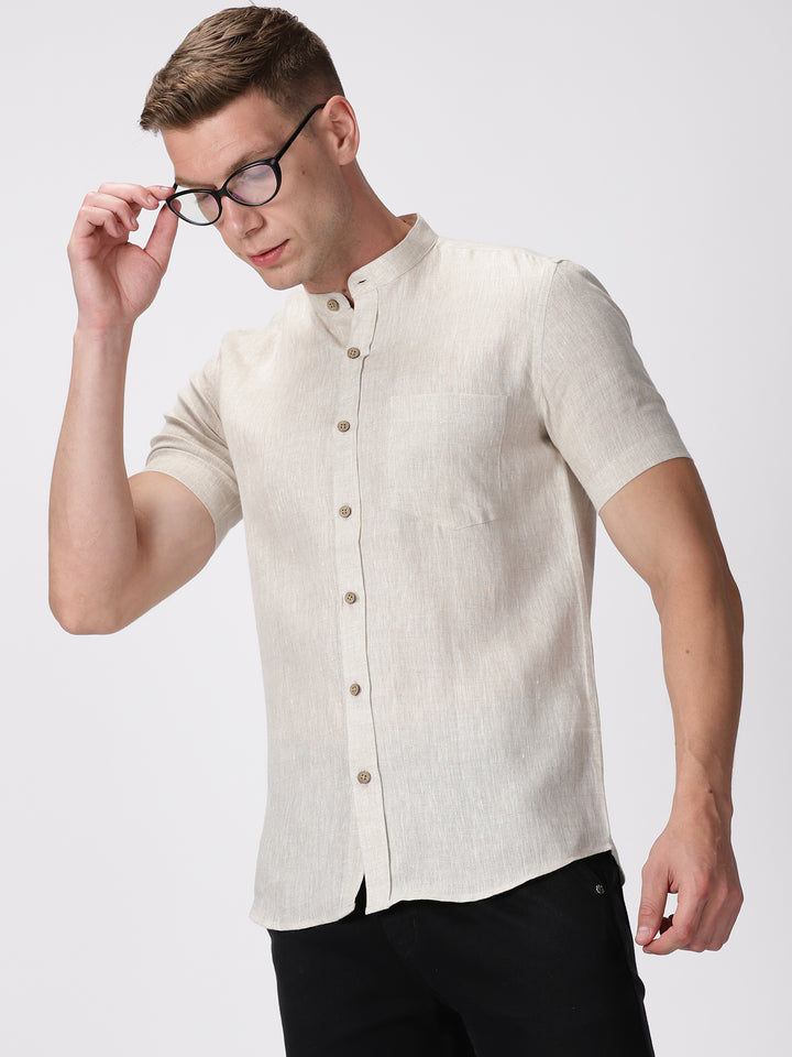 Chang - Pure Linen Mandarin Collar Half Sleeve Shirt - Ecru