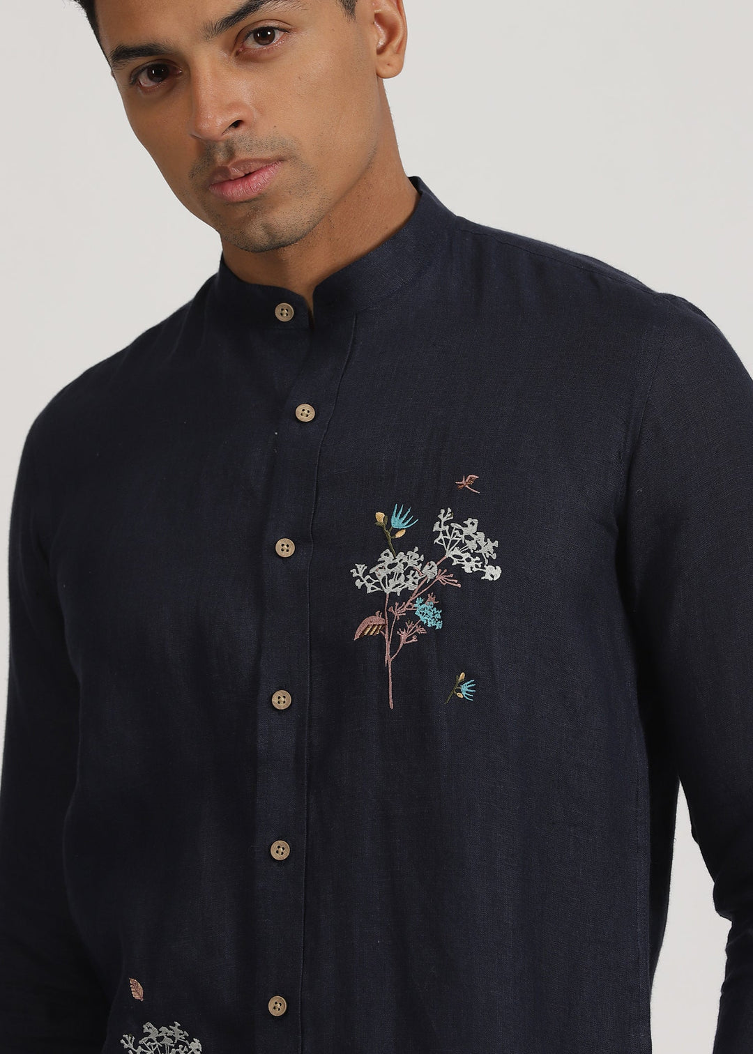 Wilson - Pure Linen Hand Embroidered Full Sleeve Shirt - Dark Blue