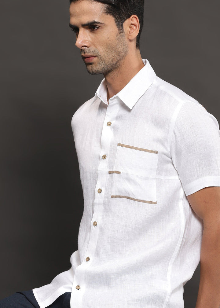 Robert - Pure Linen Pocket Detailed Half Sleeve Shirt - White