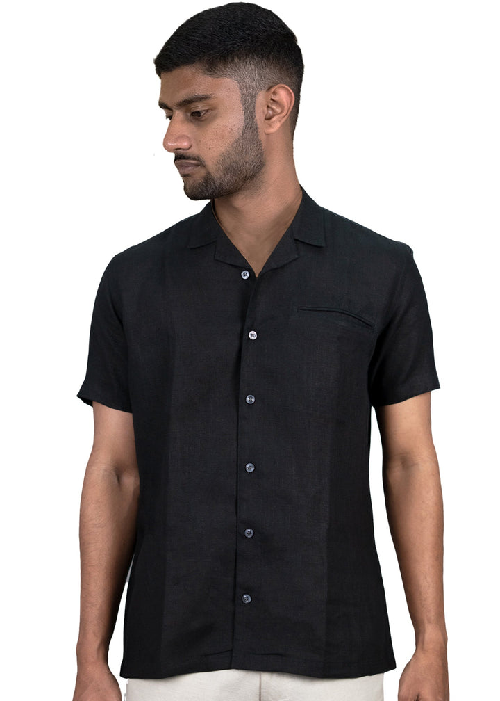 Vanta - Pure Linen Stitch Detailed Half Sleeve Shirt - Black