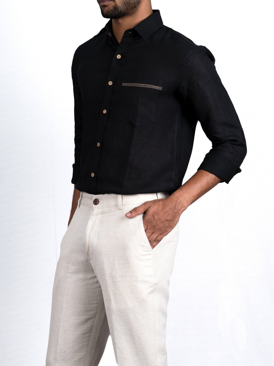 Ares - Pure Linen Pocket Detailed Full Sleeve Shirt - Black