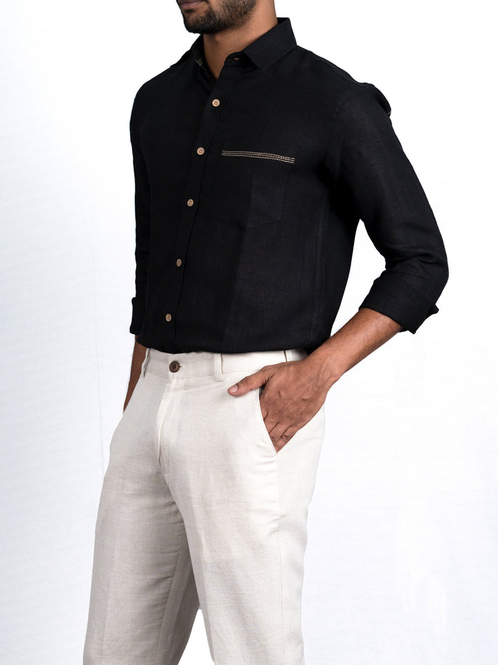 Ares - Pure Linen Pocket Detailed Full Sleeve Shirt - Black