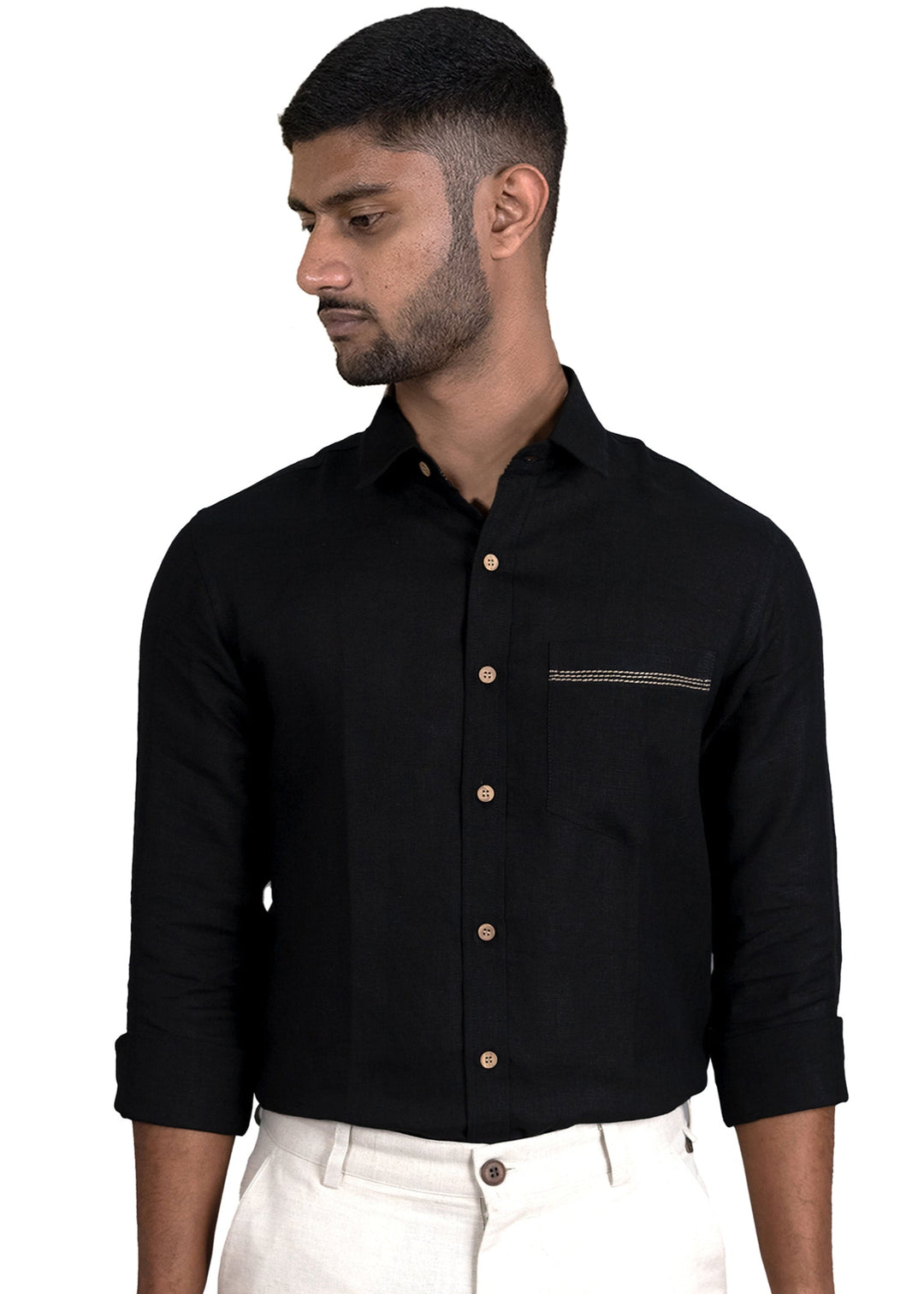 Ares - Pure Linen Pocket Detailed Full Sleeve Shirt - Black