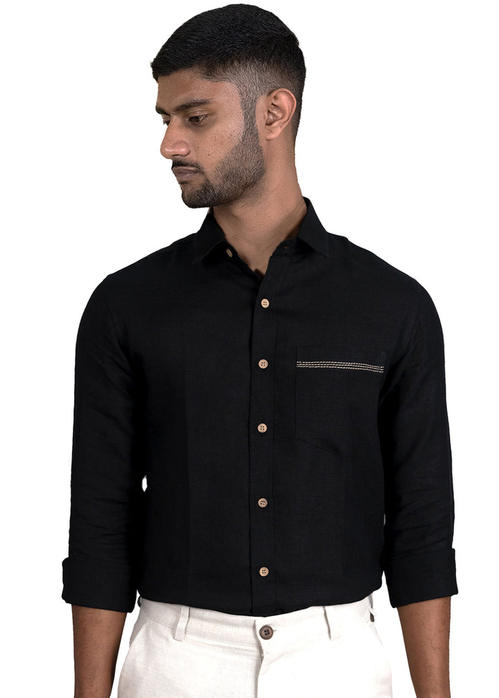 Ares - Pure Linen Pocket Detailed Full Sleeve Shirt - Black