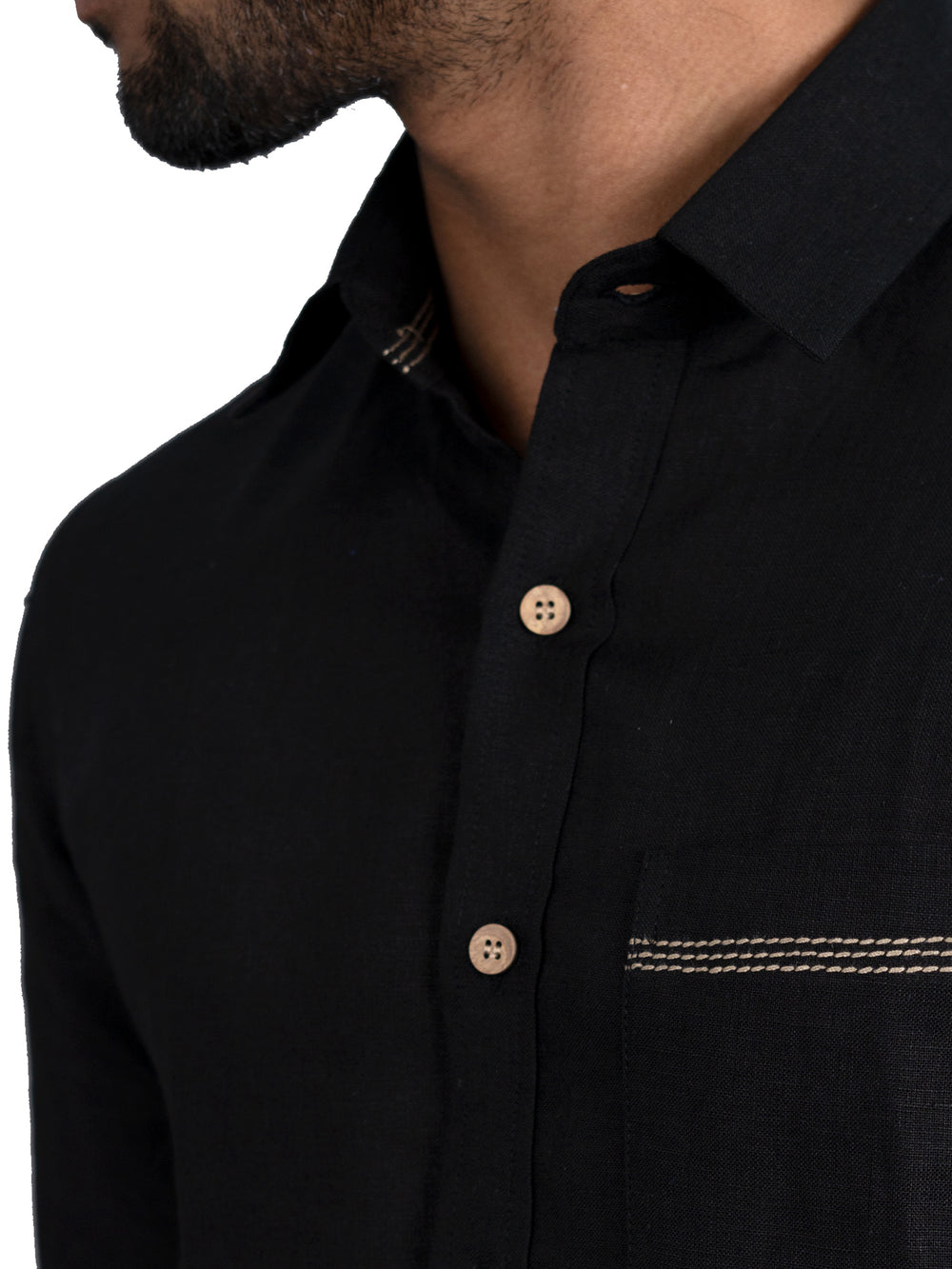 Ares - Pure Linen Pocket Detailed Full Sleeve Shirt - Black