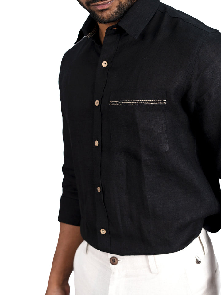 Ares - Pure Linen Pocket Detailed Full Sleeve Shirt - Black