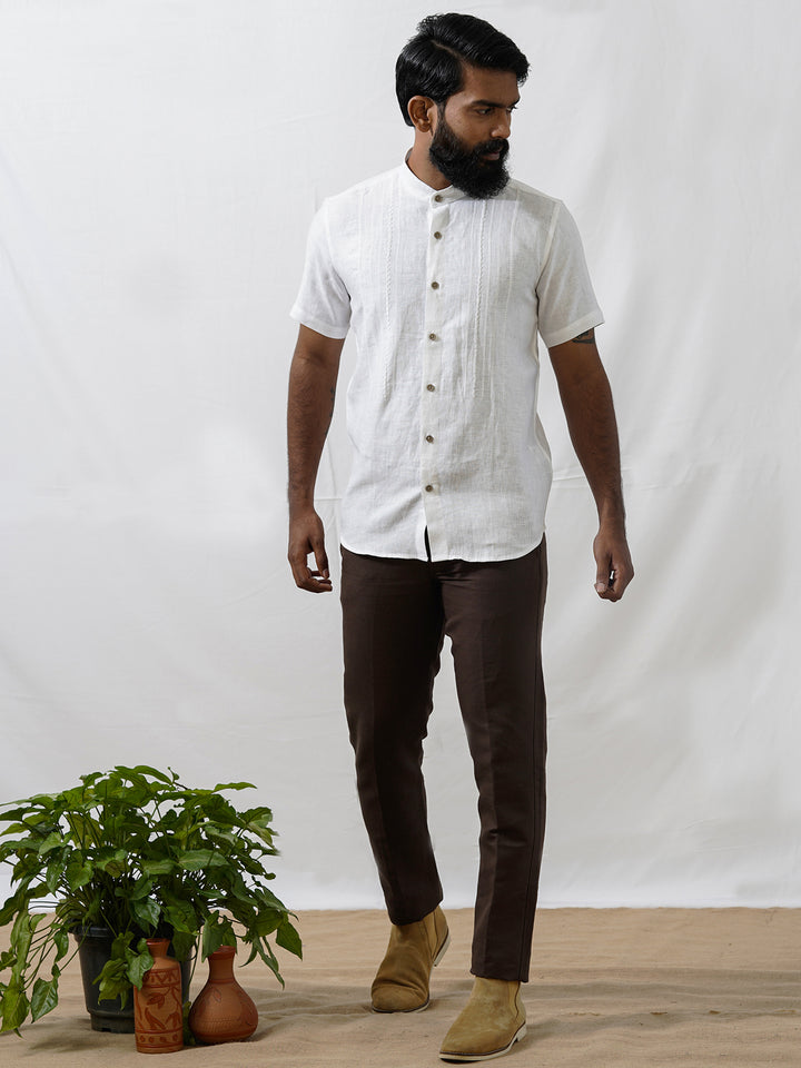 Bradley - Men's Pure Linen Embroidered Half Sleeve Shirt - White