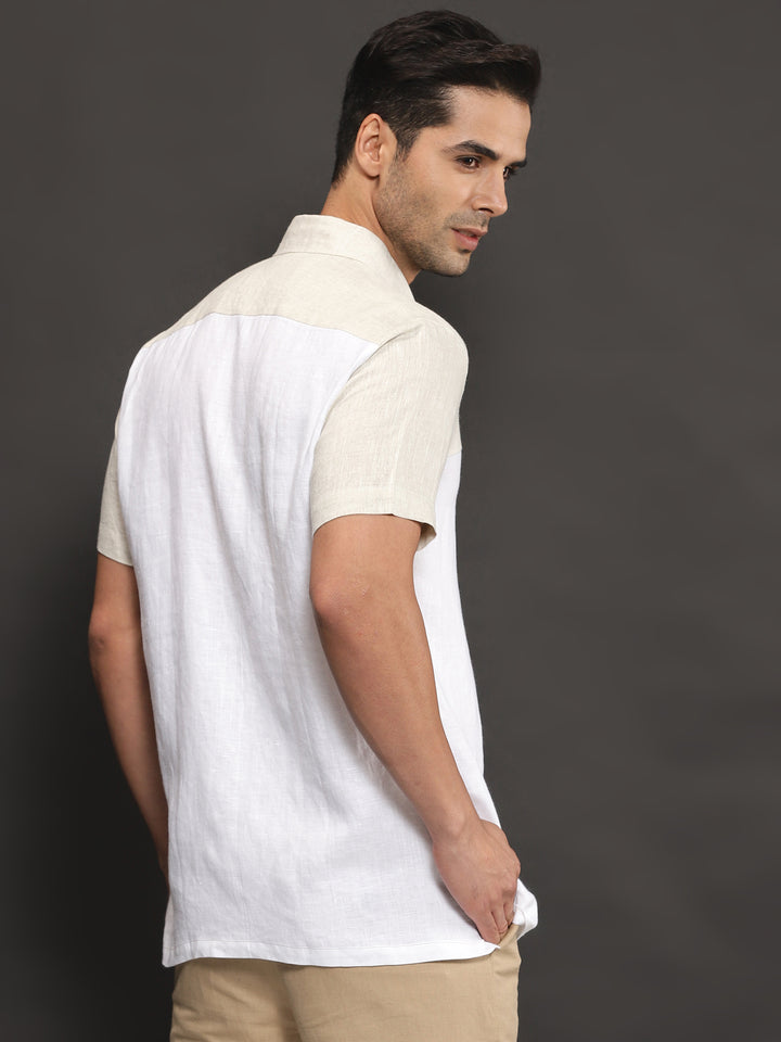 Charlie - Pure Linen Block Half Sleeve Shirt - Ecru & White