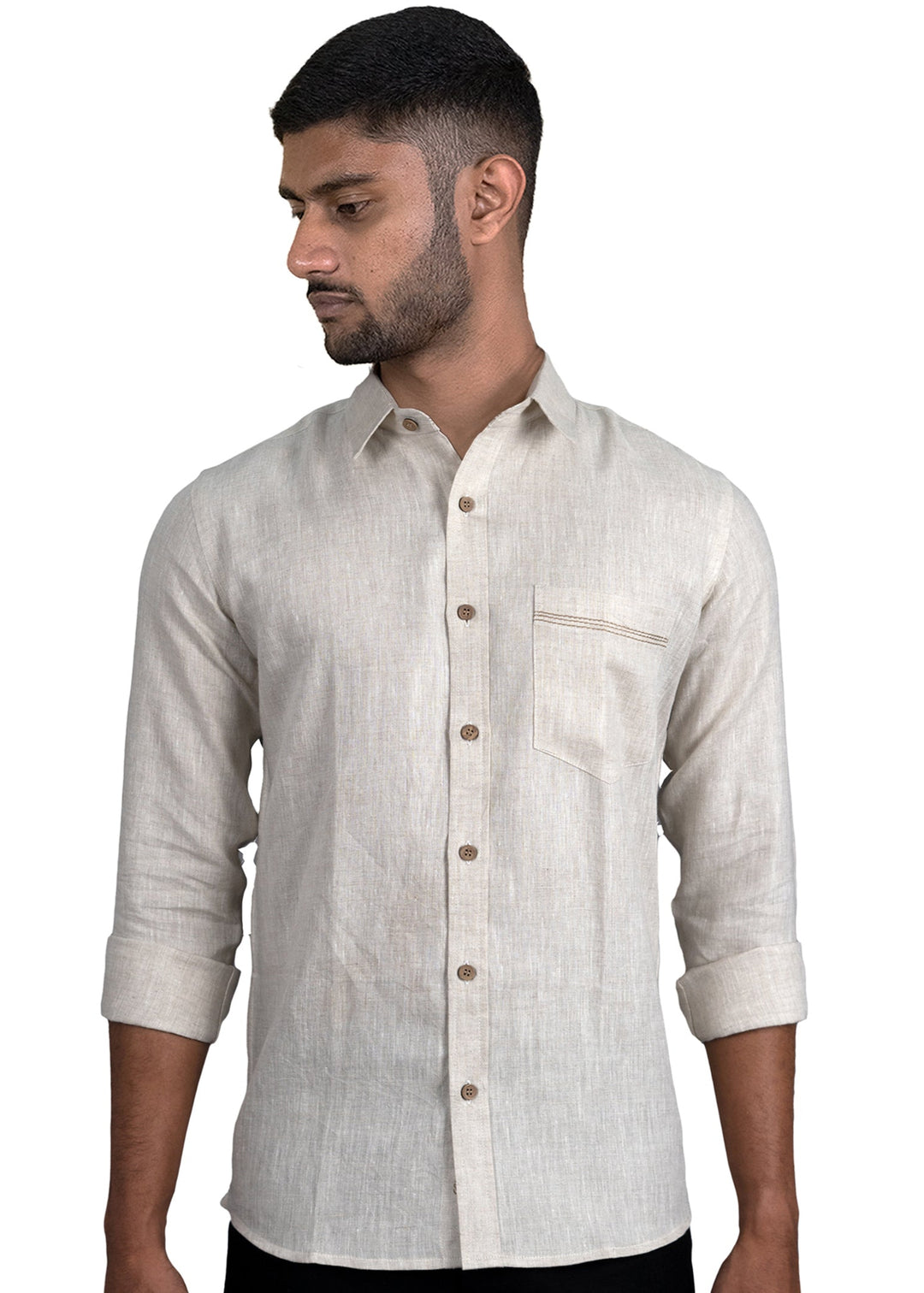 Ares - Pure Linen Pocket Detailed Full Sleeve Shirt - Ecru