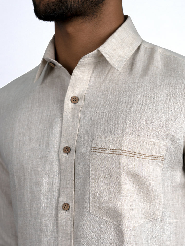 Ares - Pure Linen Pocket Detailed Full Sleeve Shirt - Ecru