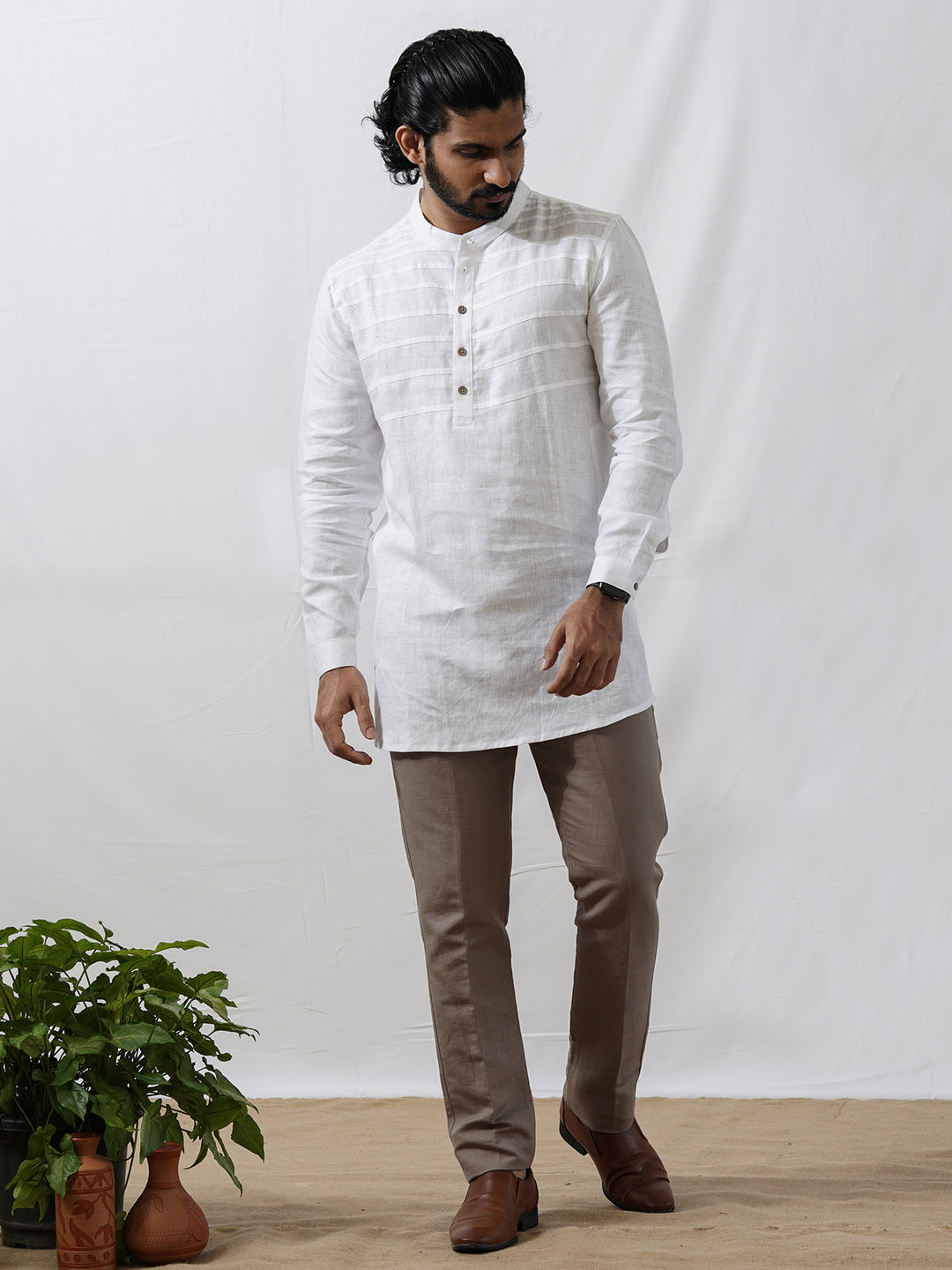 Marvel - Full Sleeve Mandarin Collar Pure Linen Short Kurta - White