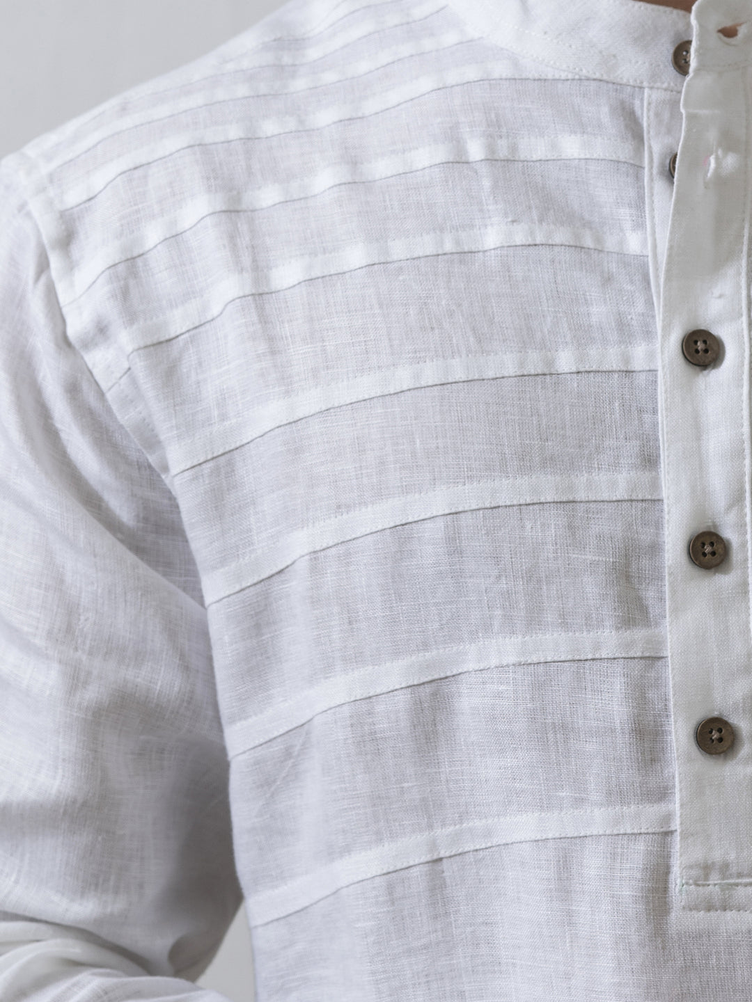 Marvel - Full Sleeve Mandarin Collar Pure Linen Short Kurta - White