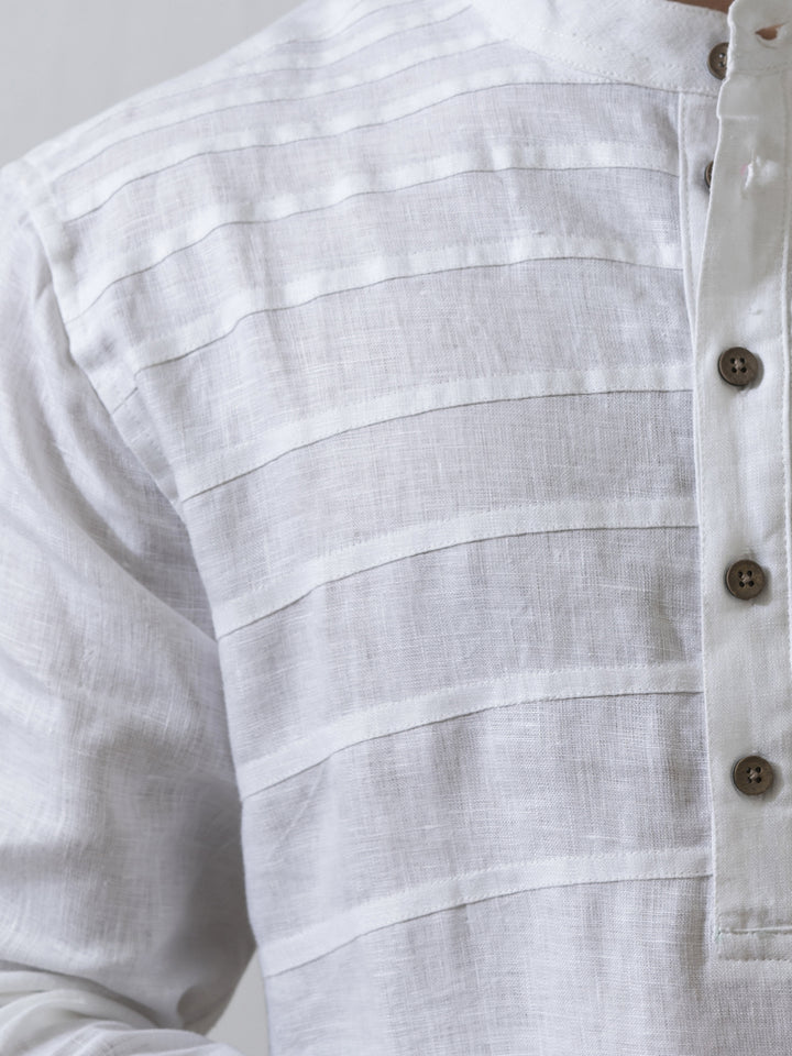 Marvel - Full Sleeve Mandarin Collar Pure Linen Short Kurta - White