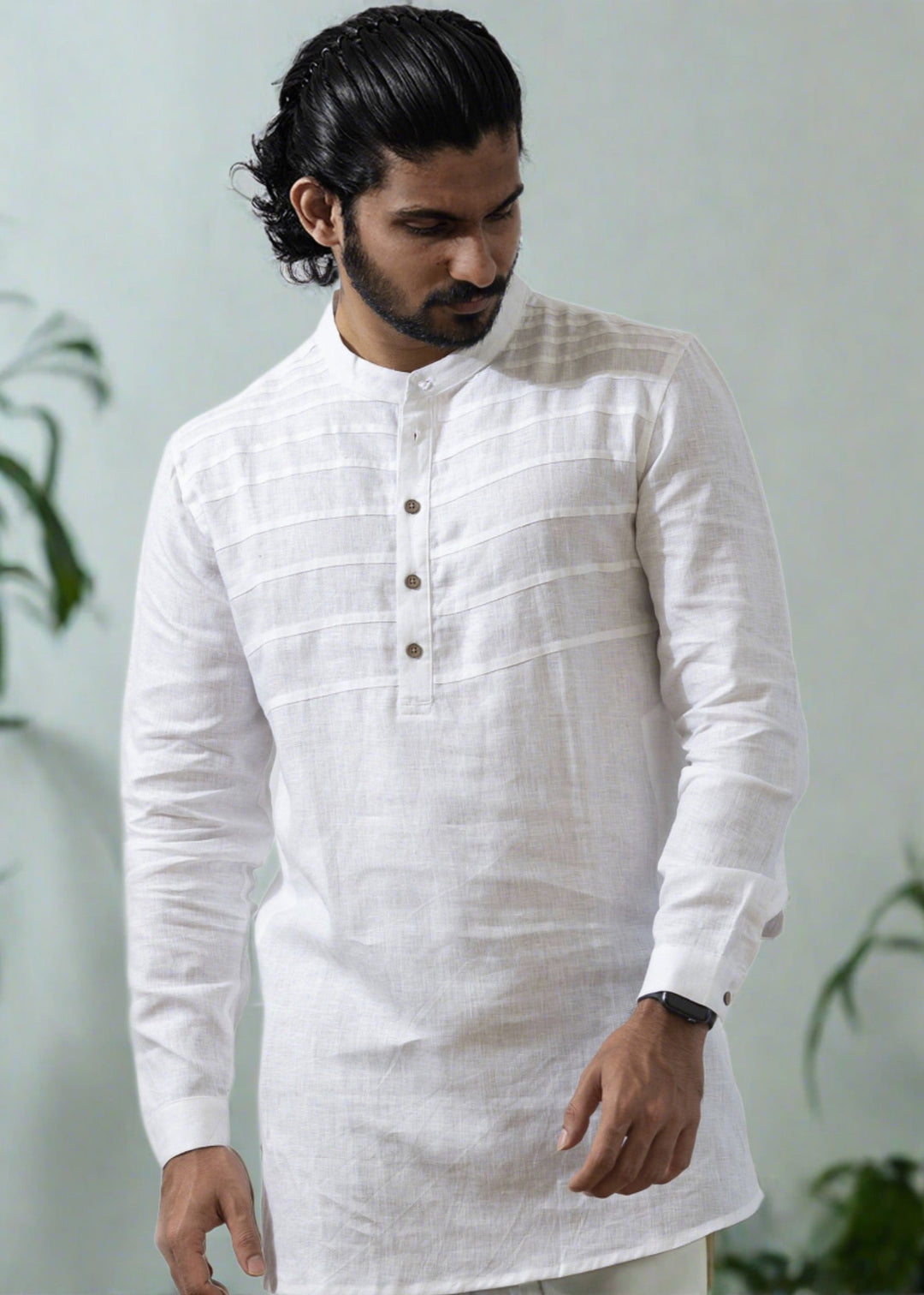 Marvel - Full Sleeve Mandarin Collar Pure Linen Short Kurta - White