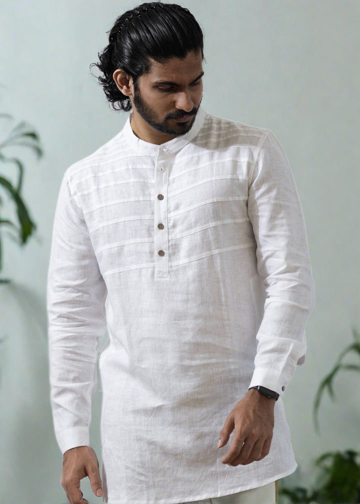 Marvel - Full Sleeve Mandarin Collar Pure Linen Short Kurta - White