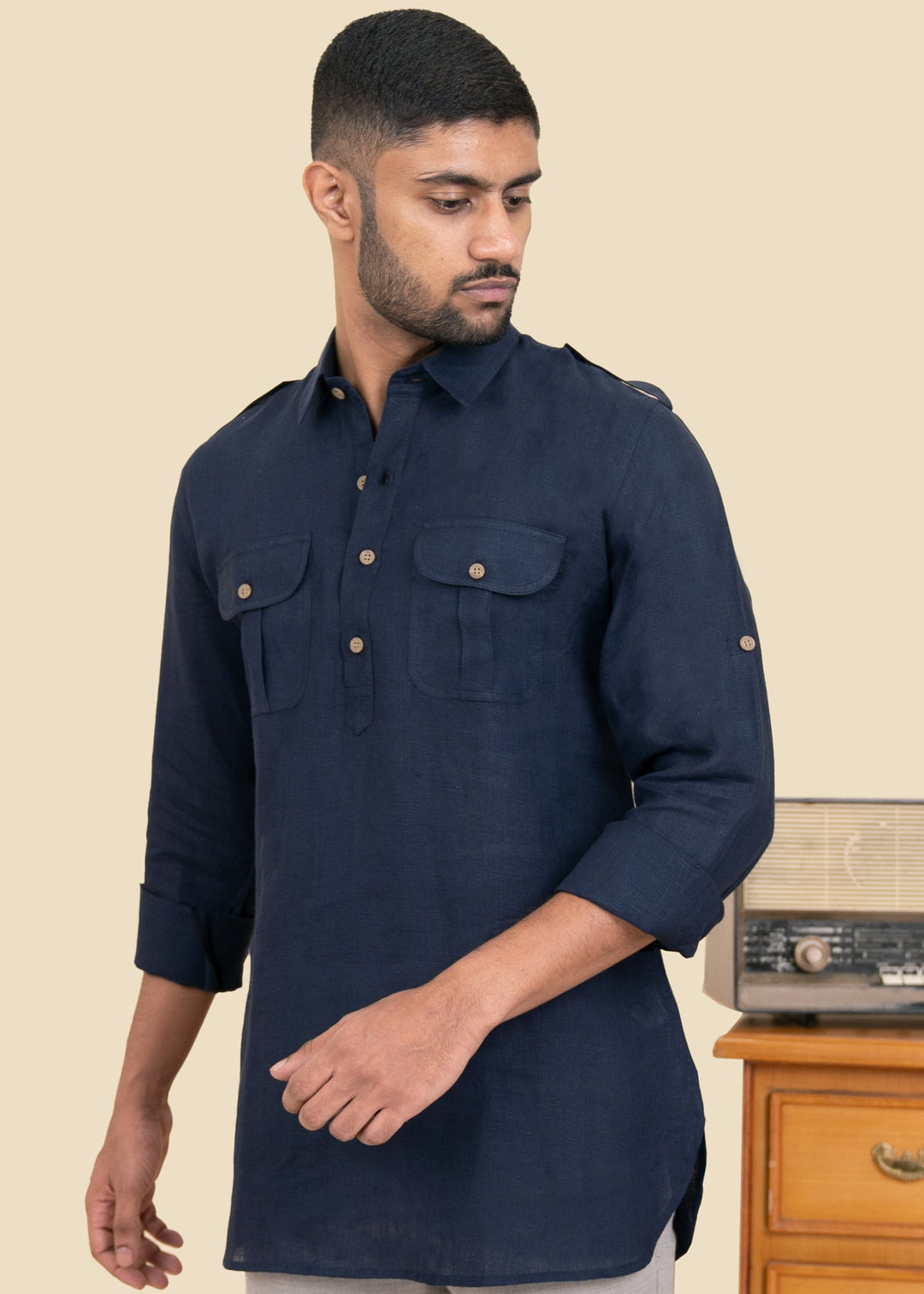 Michael - Full Sleeve Double Pocket Pure Linen Kurta - Dark Blue