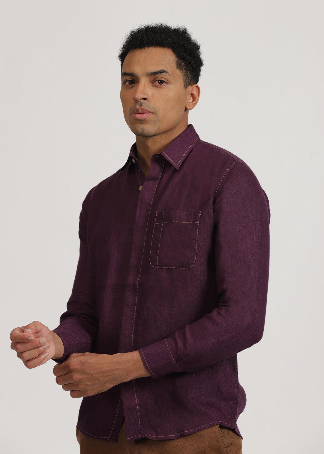 Paul - Pure Linen Stitch Detailed Full Sleeve Shirt - Dark Purple