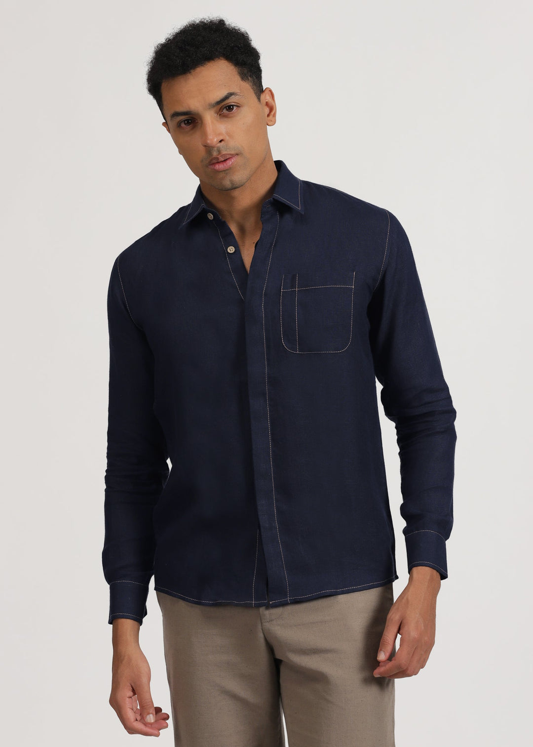 Paul - Pure Linen Stitch Detailed Full Sleeve Shirt - Dark Blue