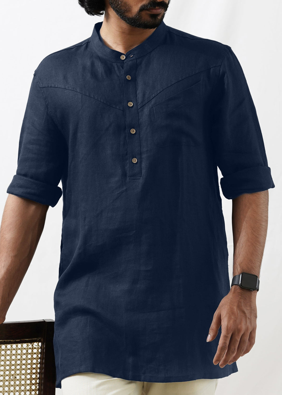Wills - Full Sleeve Mandarin Collar Pure Linen Short Kurta - Dark Blue