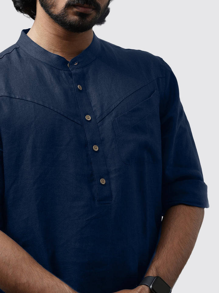 Wills - Full Sleeve Mandarin Collar Pure Linen Short Kurta - Dark Blue