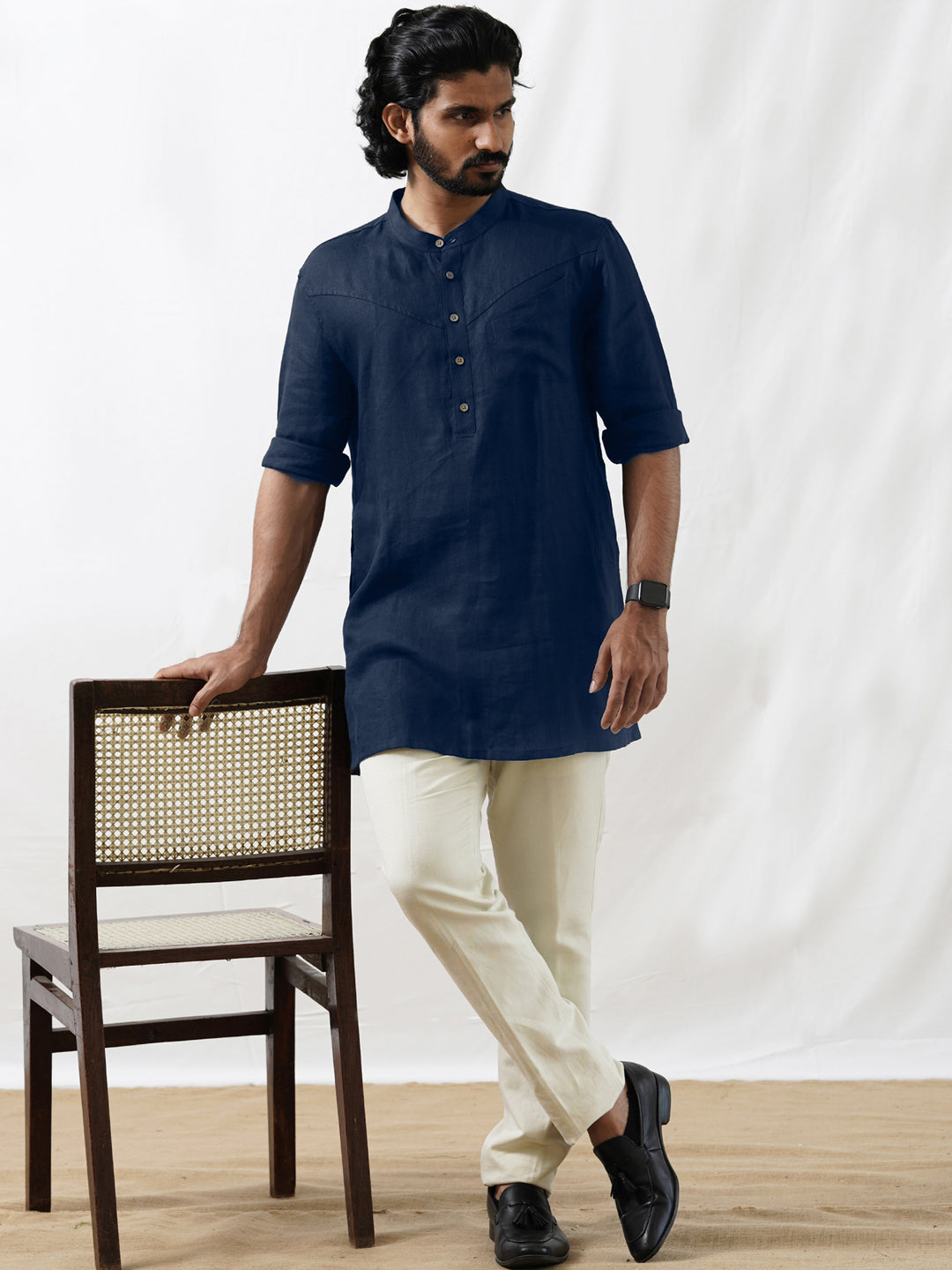 Wills - Full Sleeve Mandarin Collar Pure Linen Short Kurta - Dark Blue