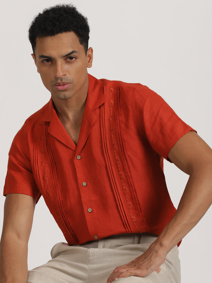 Cal - Pure Linen Hand Embroidered Half Sleeve Shirt - Rust