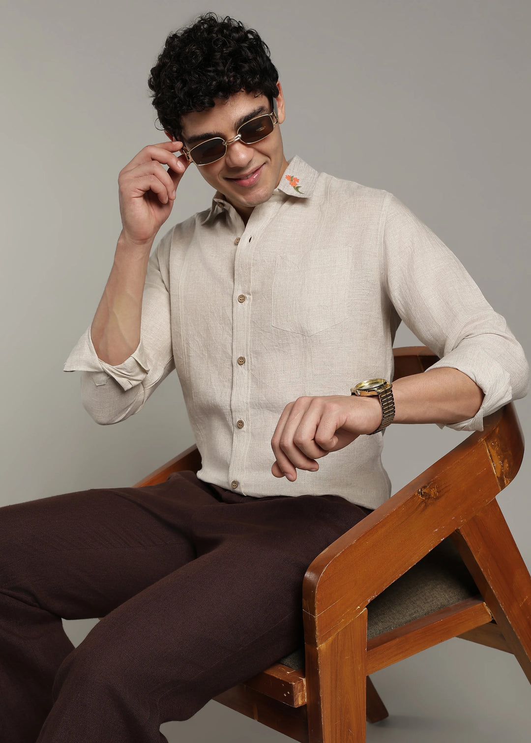 Amber - Pure Linen Full Sleeve Shirt with Embroidered Collar - Ecru